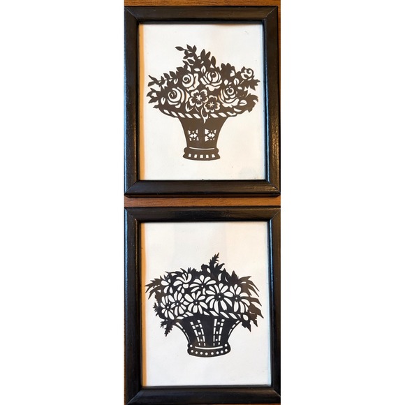 Other - Vintage Framed Floral Basket Paper Cut Silhouette Wall Art Set of 2 Black White